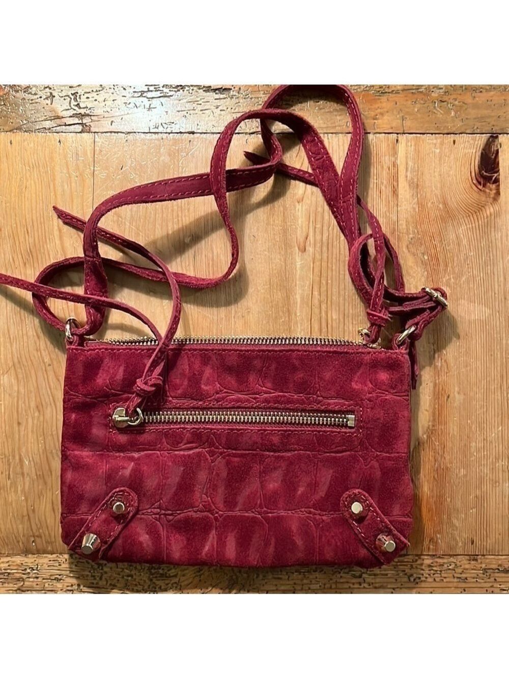 𝅺LINEA Pelle Collection Red Croc Embossed Suede Crossbody Bag